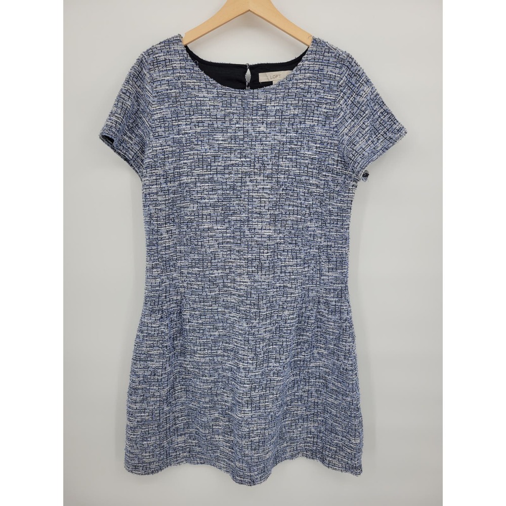 Loft 12 Tweed Dress Blue Black White Pencil Knee Length Short Sleeve Cut out V